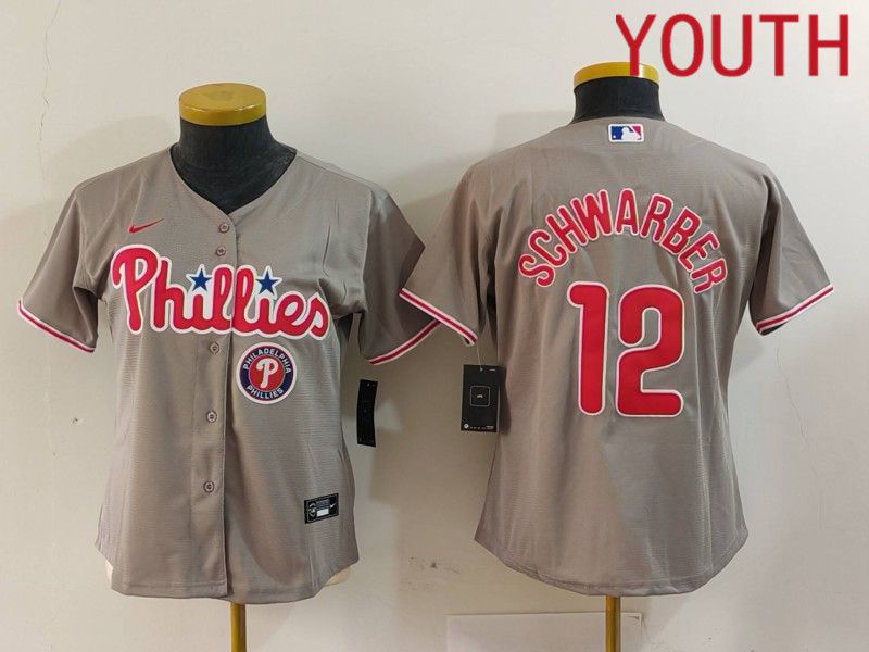 Youth Philadelphia Phillies #12 Schwarber Grey Game 2024 Nike MLB Jersey style 2->nfl hats->Sports Caps